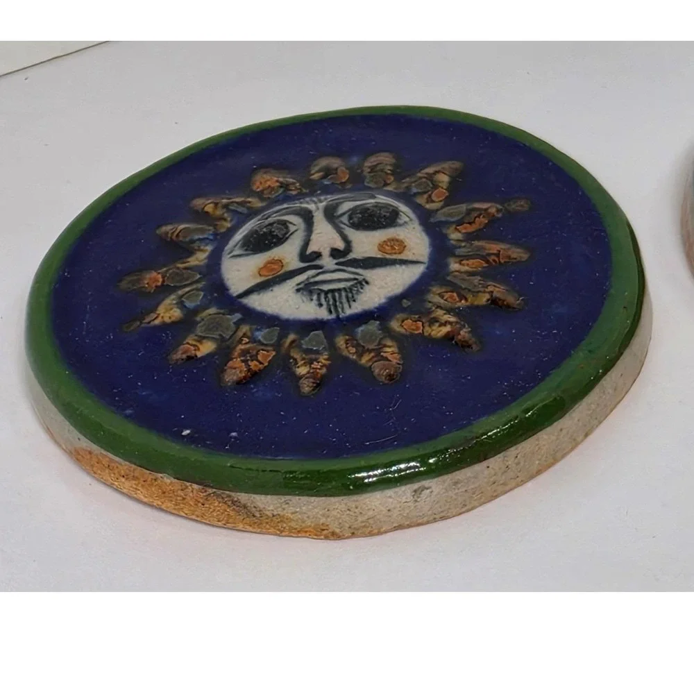 Mexican Stoneware Sun Moon Set Hand Painted Ornament Tile Celestial Y2K Aztec